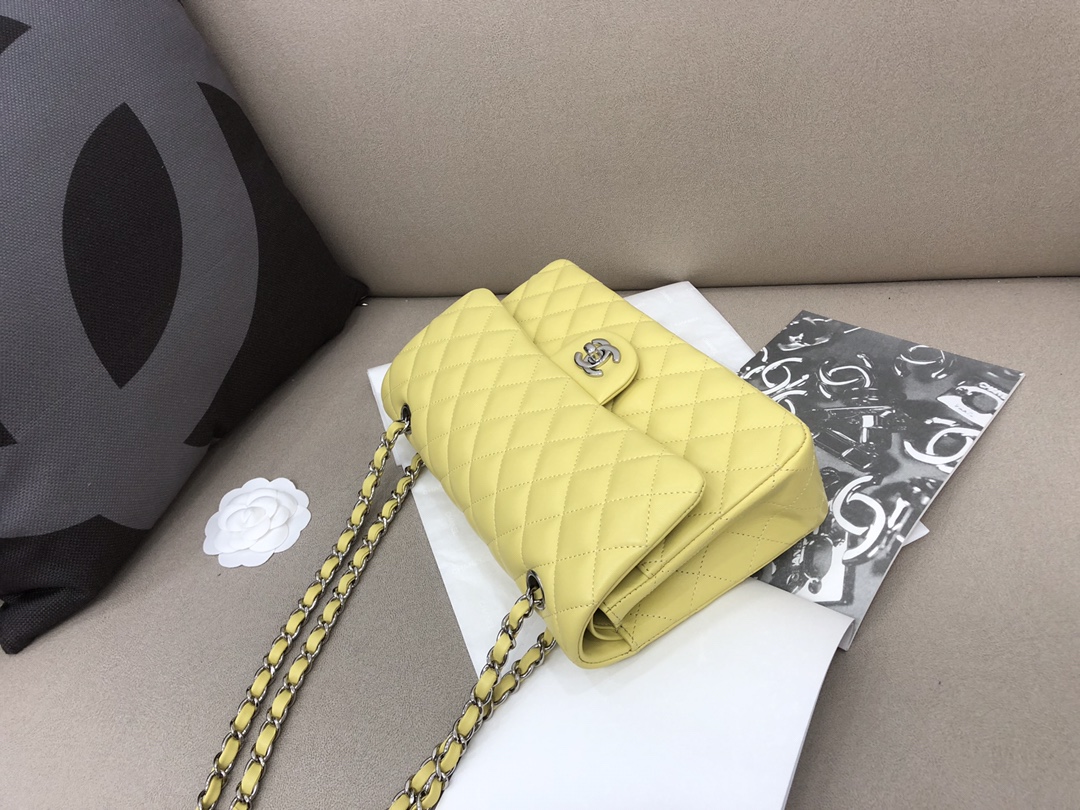 Medium Classic Flap Lambskin Bag AO1112 Yellow/Silver